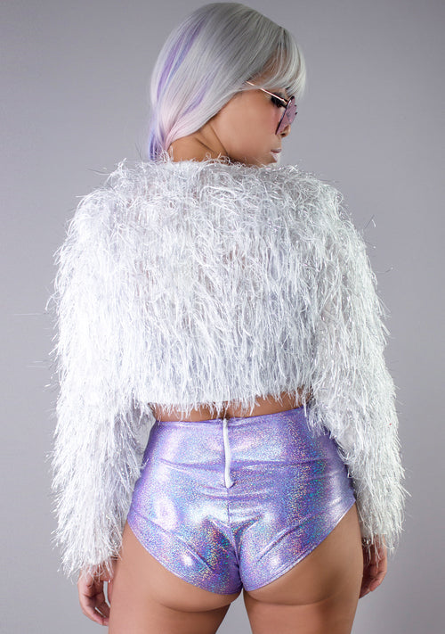 Starlight Shimmer White Faux Fur Cropped Jacket