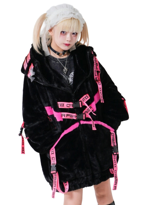 THICC | PSYNXX Cyberpunk Tech Faux Fur Black Pink Oversized Jacket
