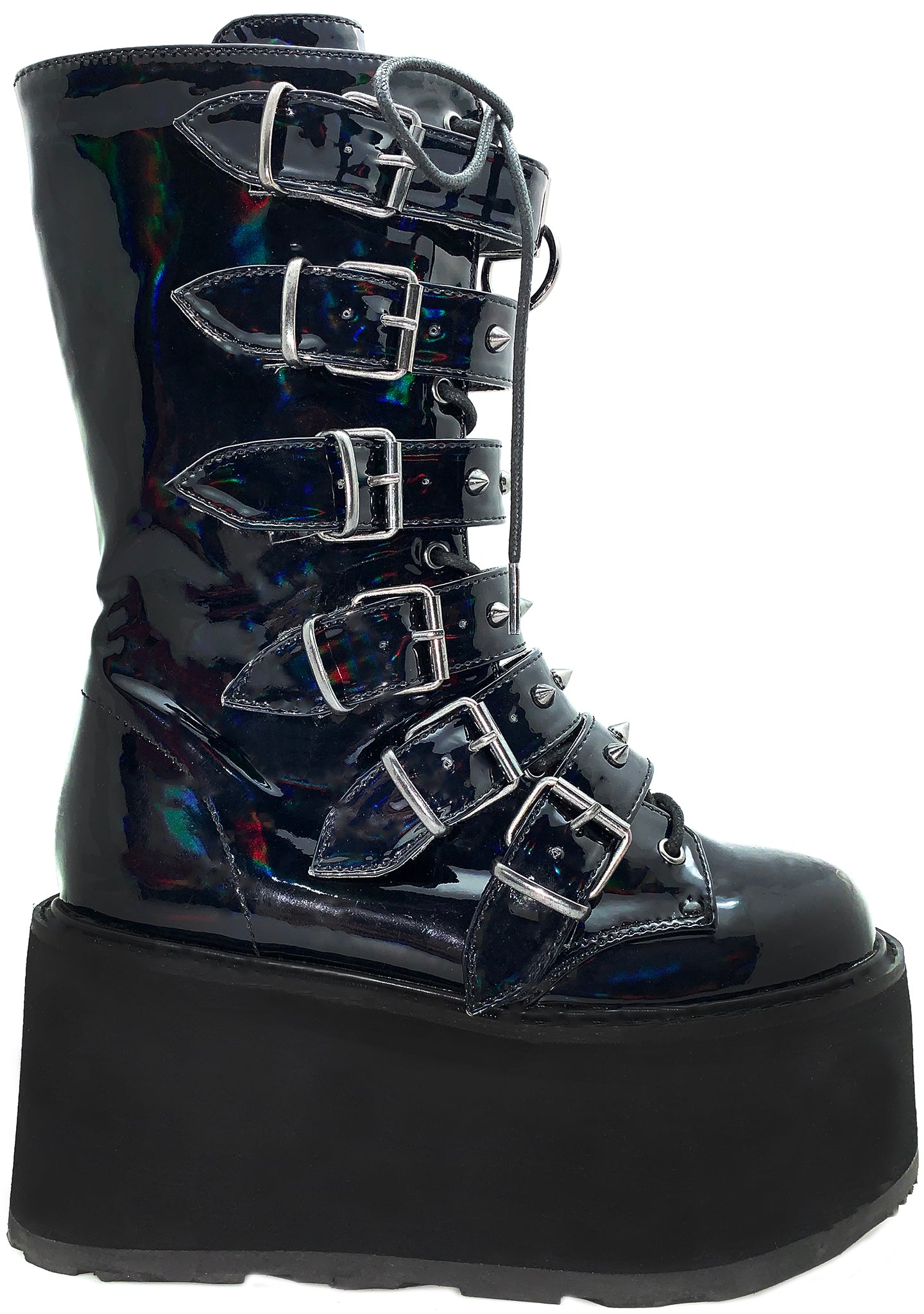 Demonia Damned Spike Platform Boots in Hologram Black at