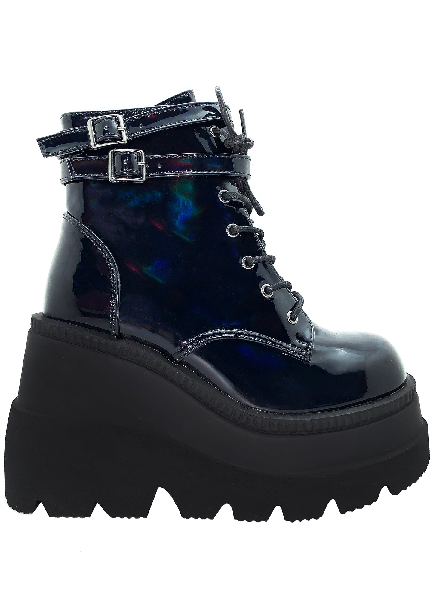 Shop Demonia Shaker Hologram Platform Boots in Black at