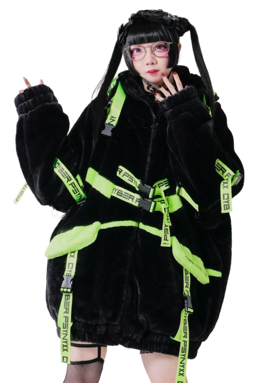 THICC | PSYNXX Cyberpunk Tech Faux Fur Black Green Oversized