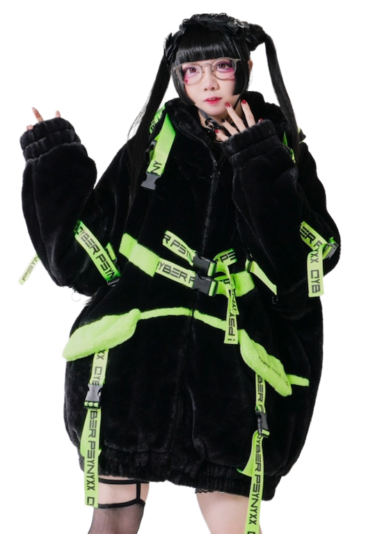 THICC | PSYNXX Cyberpunk Tech Faux Fur Black Green Oversized