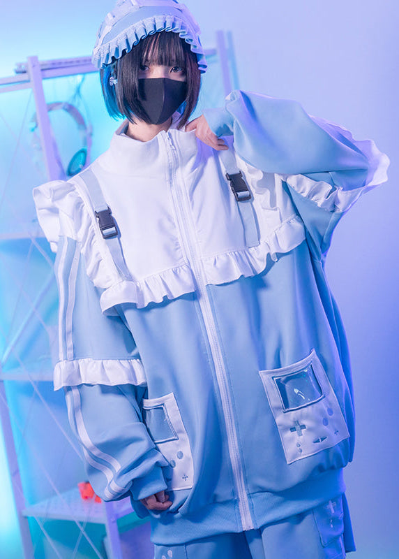 Game Over Frill Pastel Blue Jersey Oversized Jacket