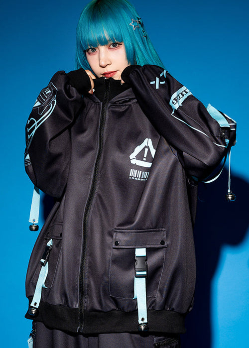 Error Code Cyberpunk Tech Oversized Black Blue Jacket