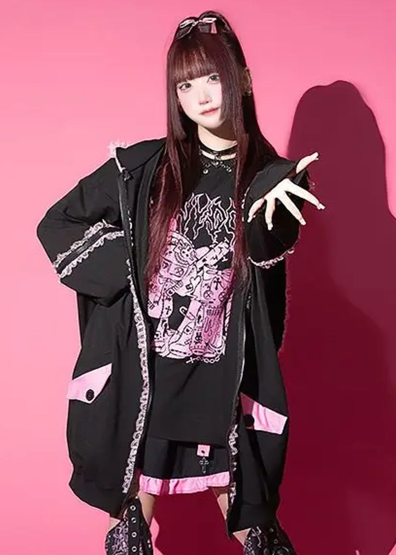 Bunny Dolls Punky Bunny Usamimi Black Pink Oversized Zip Hoodie