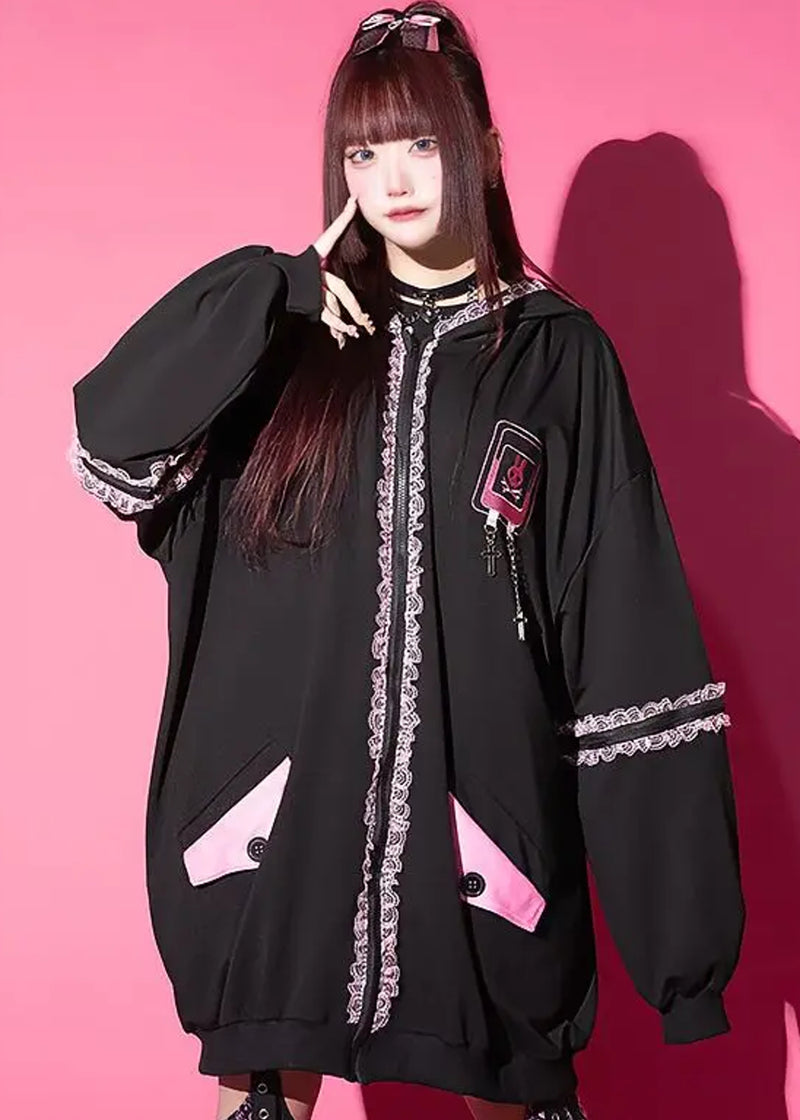 Bunny Dolls Punky Bunny Usamimi Black Pink Oversized Zip Hoodie