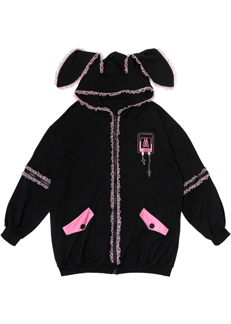 Bunny Dolls Punky Bunny Usamimi Black Pink Oversized Zip Hoodie