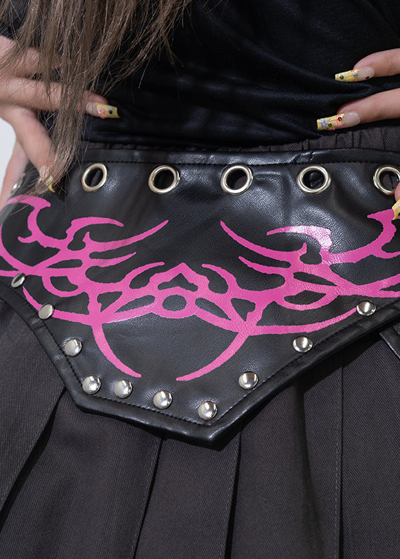 Nightmare Black Leather Pleated Skirt