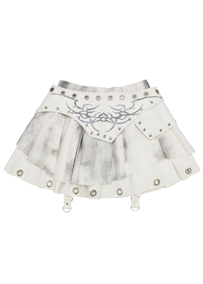 Nightmare White Leather Pleated Skirt
