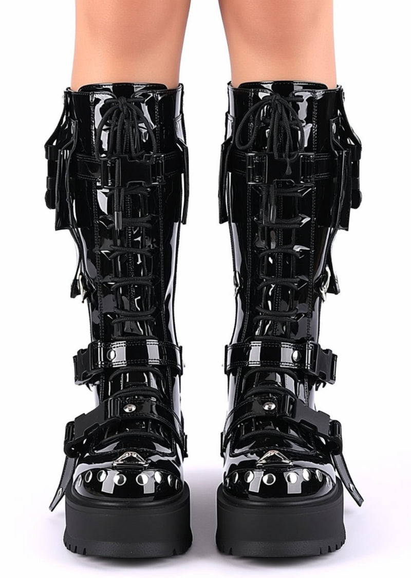 Demonia SLACKER 260 Cyberpunk Tech Patent Black Platform Boots