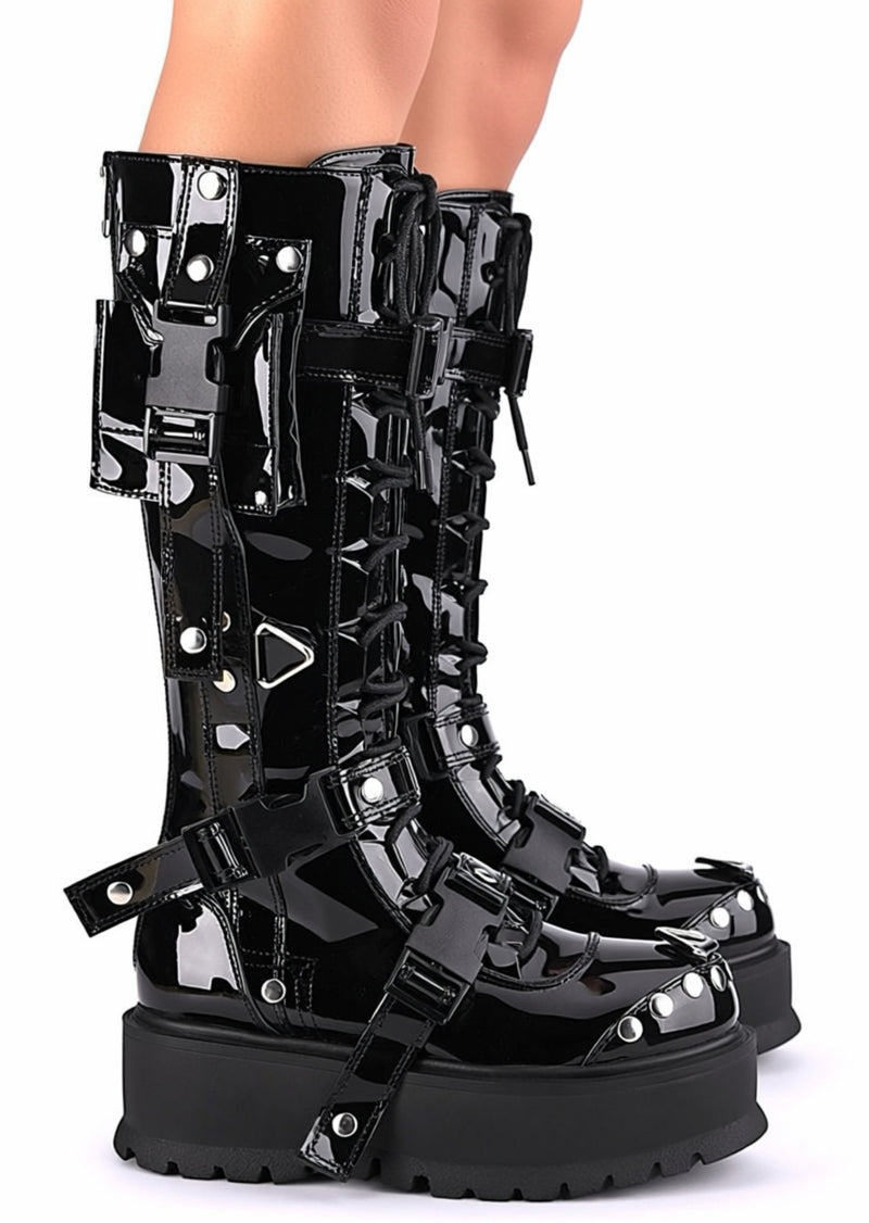 Demonia SLACKER 260 Cyberpunk Tech Patent Black Platform Boots