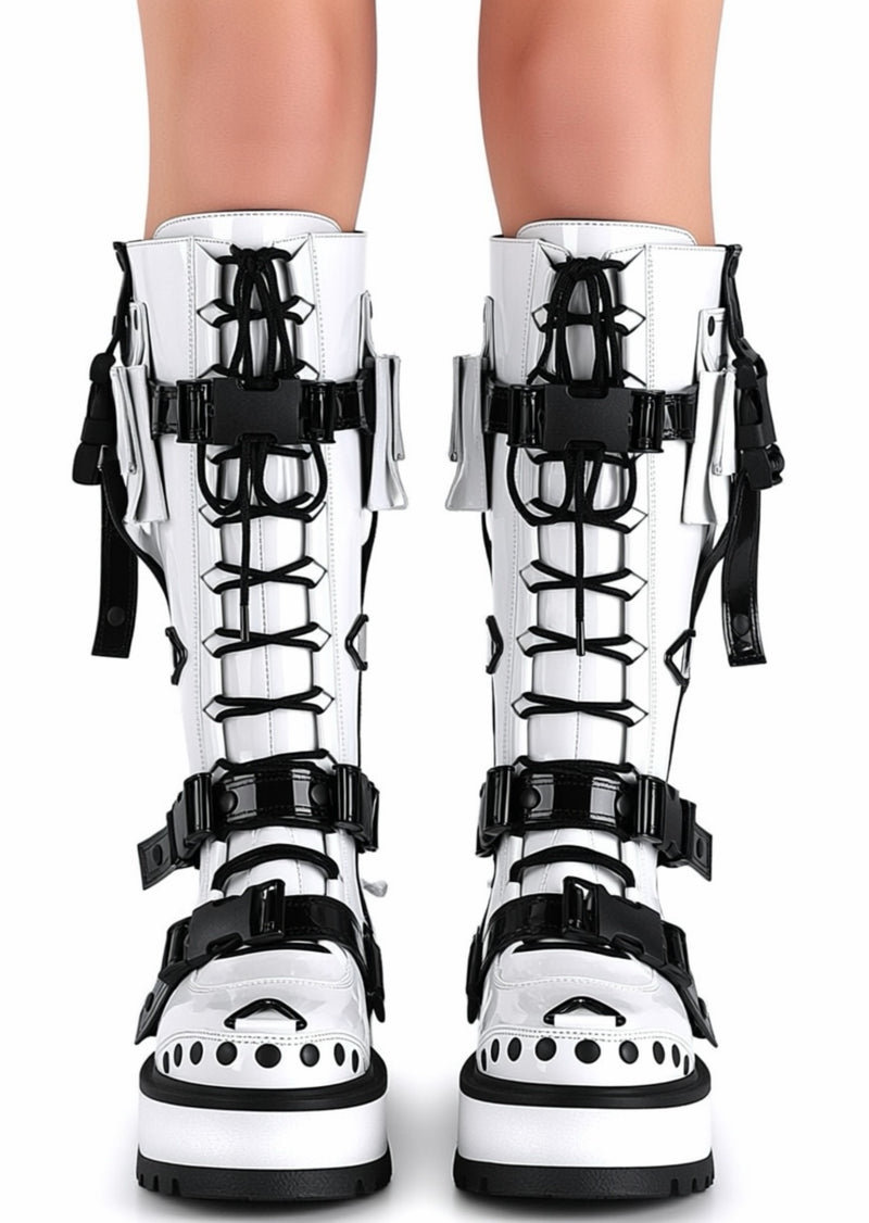 Demonia SLACKER 260 Cyberpunk Tech Patent White Platform Boots