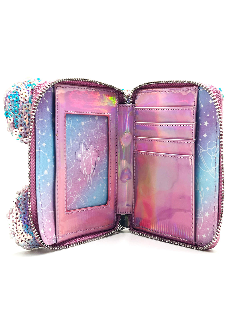 Loungefly X LASR Exclusive Disney Planet Minnie UV Reactive Pink Iridescent Sequin Zip Wallet