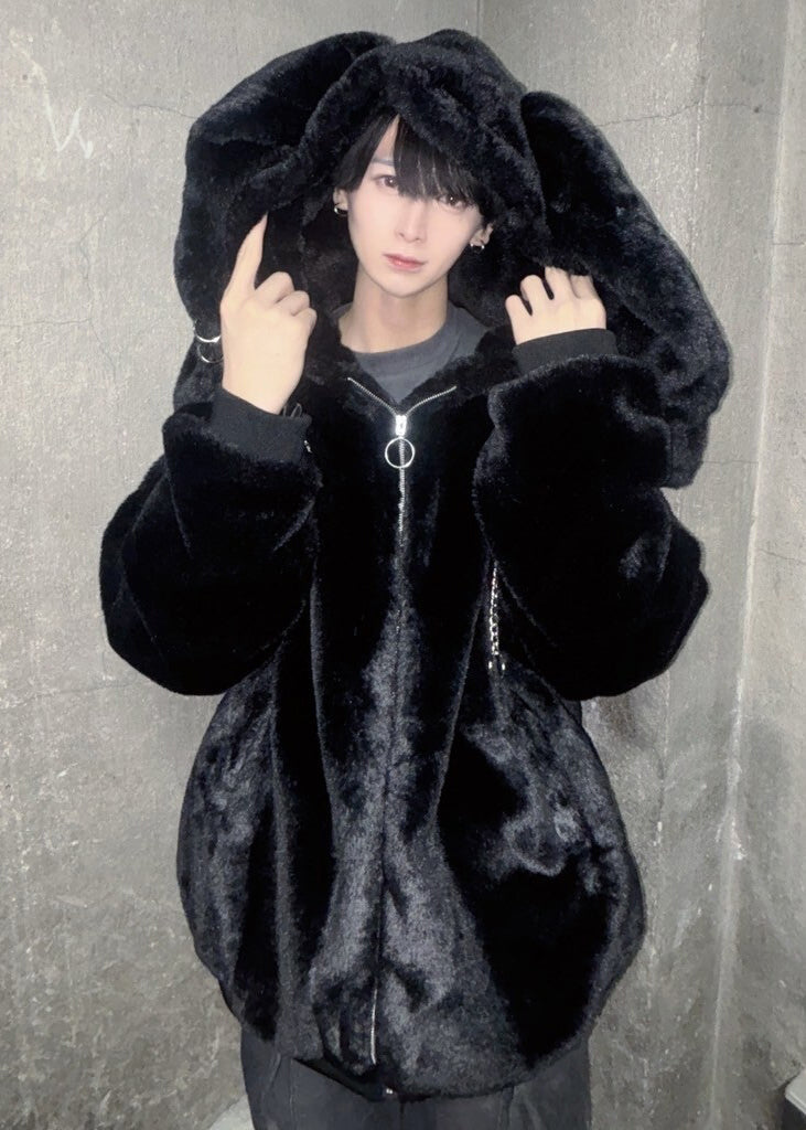 THICC | PSYNXX Bunny Ear Faux Fur Black Oversized Jacket | LASR