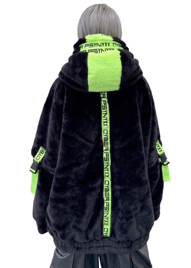 THICC | PSYNXX Cyberpunk Tech Faux Fur Black Green Oversized