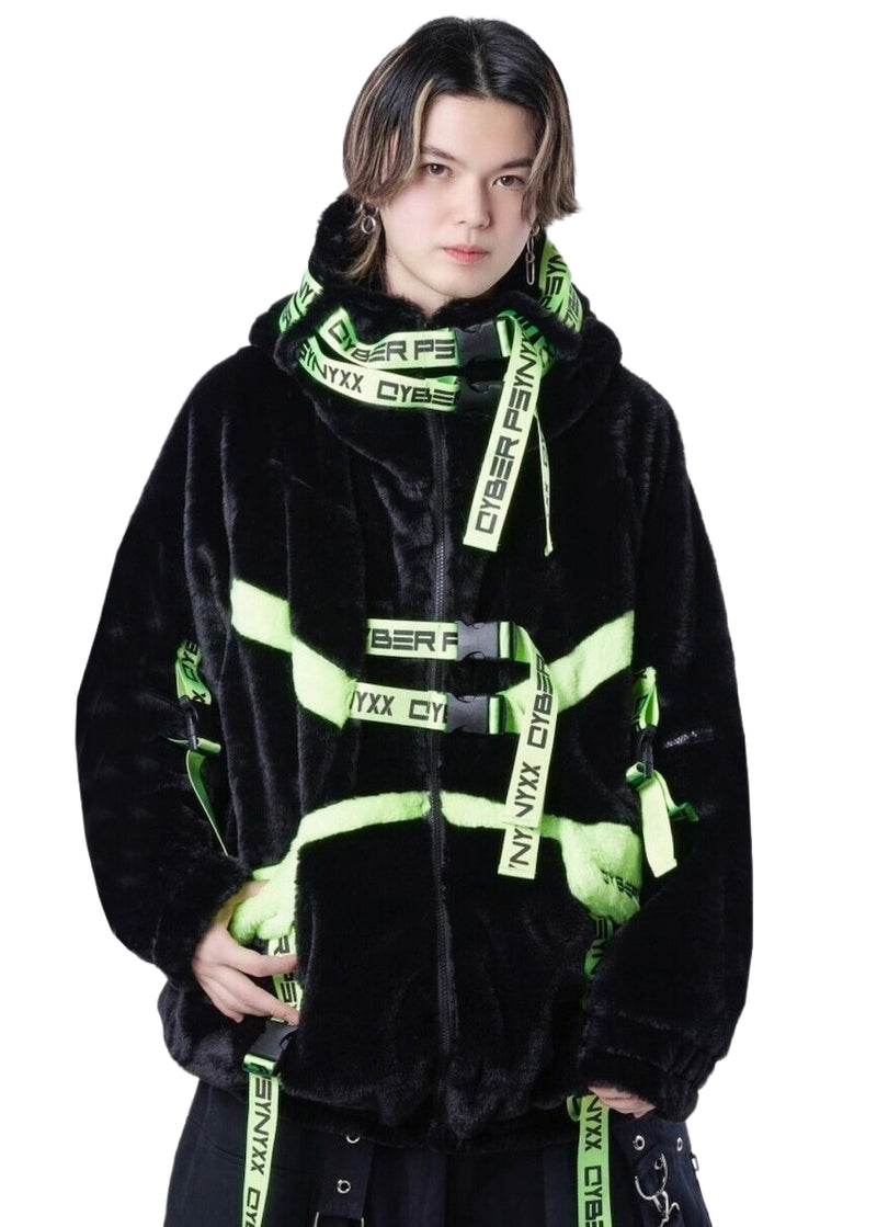 THICC | PSYNXX Cyberpunk Tech Faux Fur Black Green Oversized