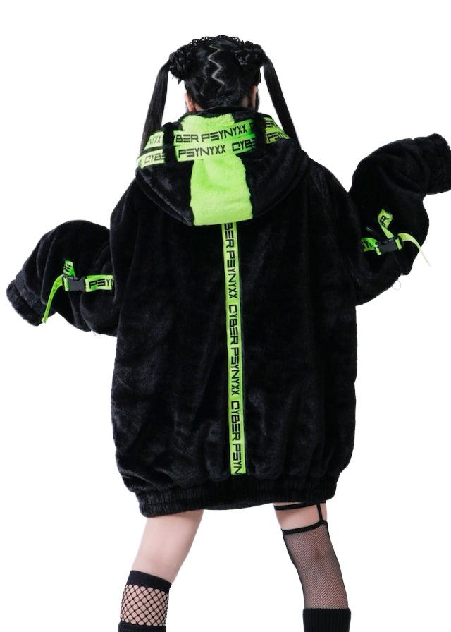 THICC | PSYNXX Cyberpunk Tech Faux Fur Black Green Oversized