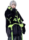 PSYNXX Cyberpunk Tech Faux Fur Black Green Oversized Jacket