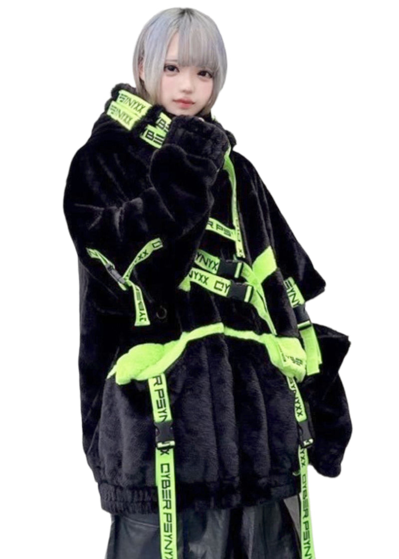 THICC | PSYNXX Cyberpunk Tech Faux Fur Black Green Oversized