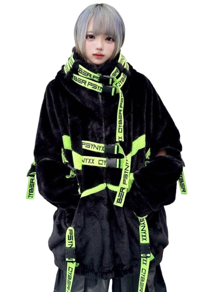 THICC | PSYNXX Cyberpunk Tech Faux Fur Black Green Oversized