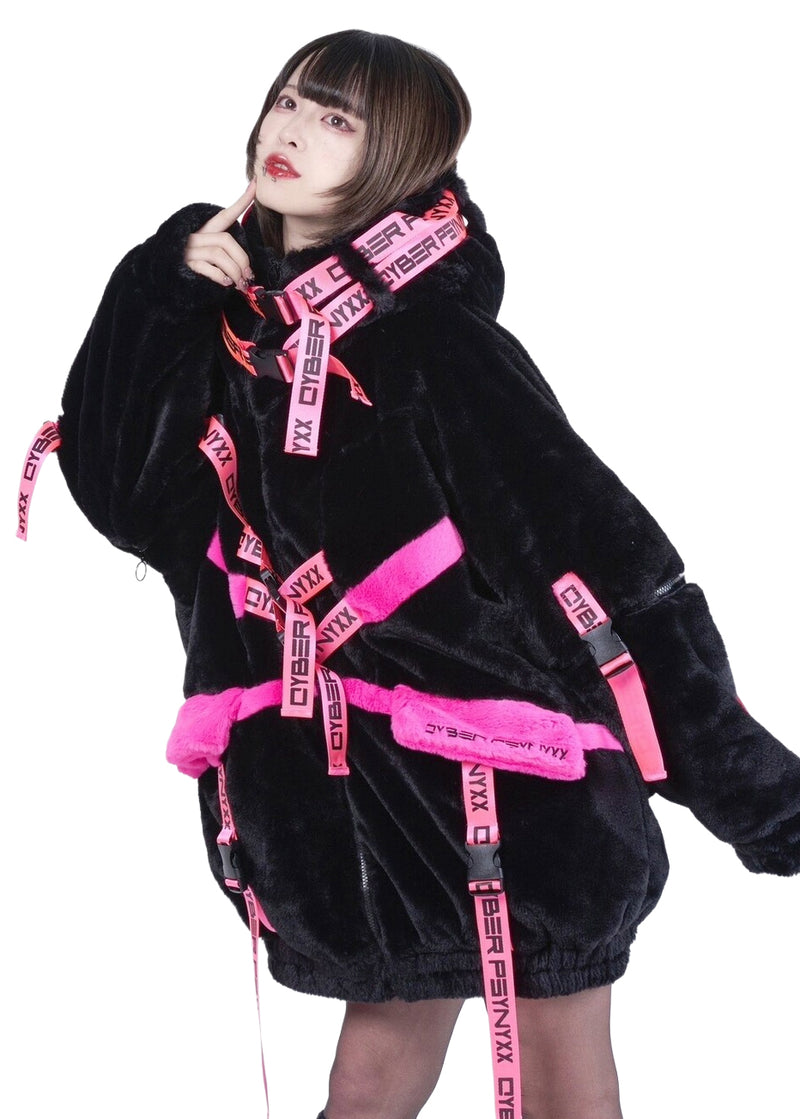 THICC | PSYNXX Cyberpunk Tech Faux Fur Black Pink Oversized Jacket