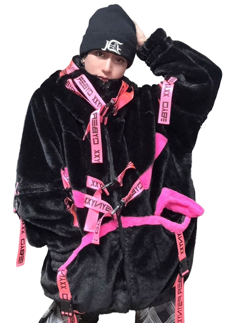 00’s GOSTER DE FUGA fur p coat Y2K punk THICC | PSYNXX Cyberpunk Tech Faux Fur Black Pink Oversized Jacket