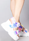 X LASR Exclusive Peach 02 Virtuosity Hologram White Platform Sandals