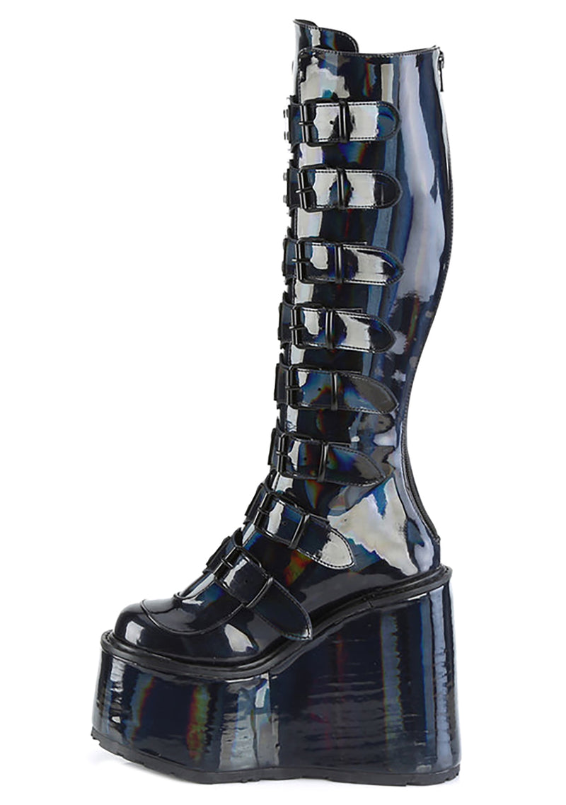 Demonia Holographic Black Stacked Platform Ankle Boots