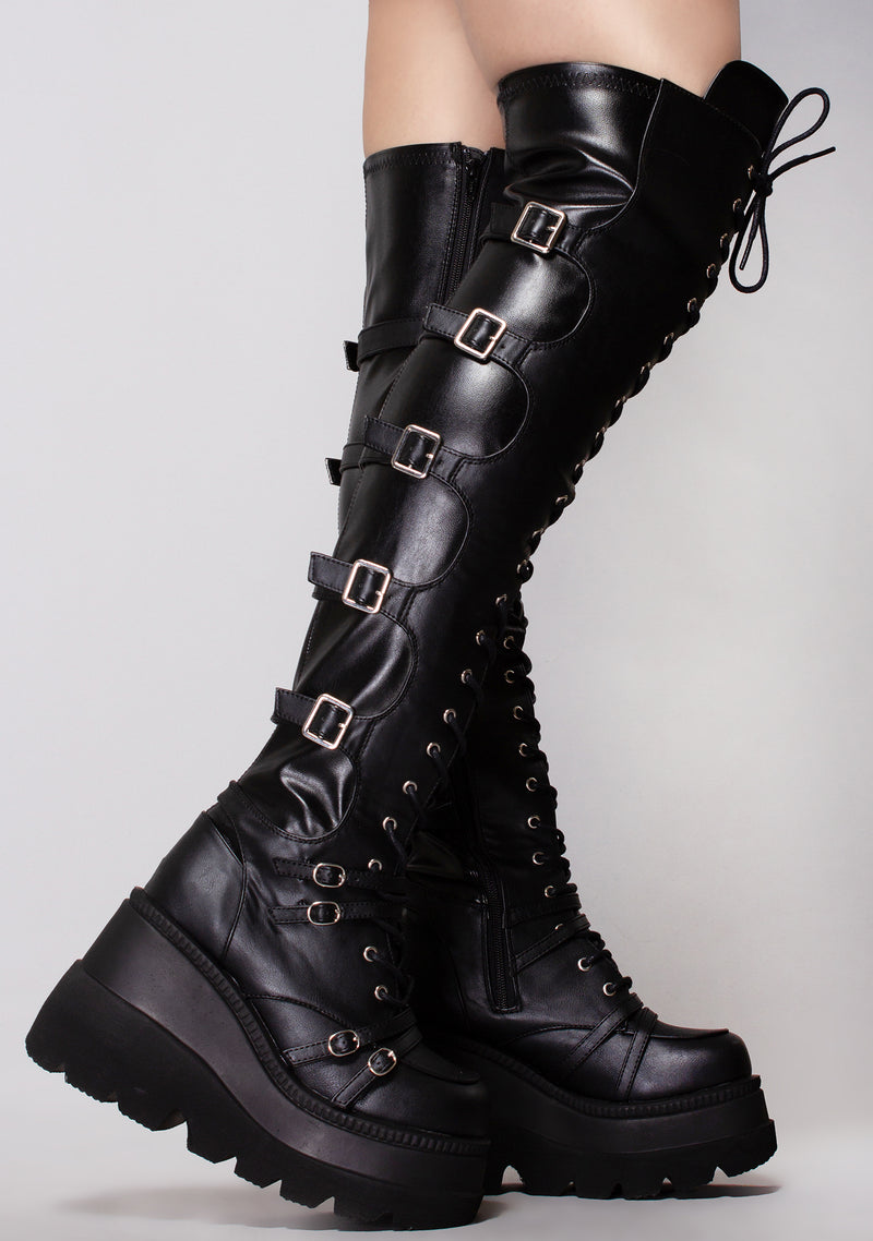 SHAKER 350 Black Widow Lace Up Knee High Black Platform Boots