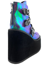 Demonia Swing Strapped Iridescent Platform Boots in Black/Green