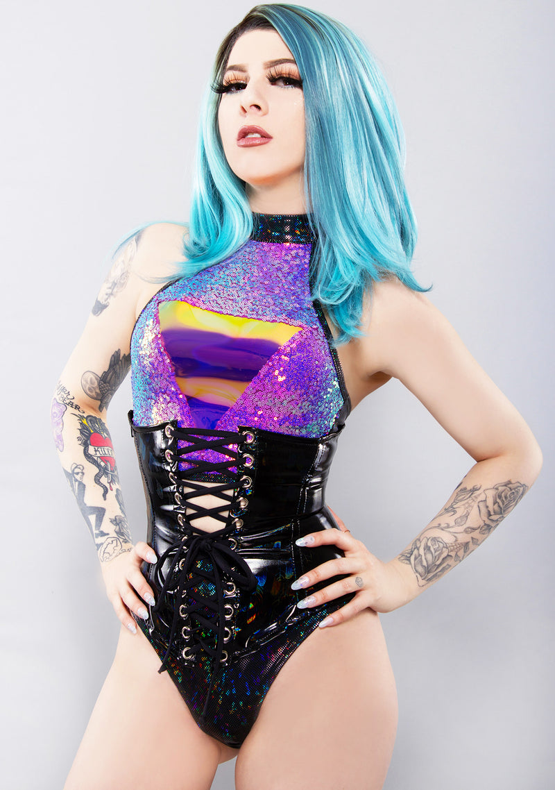Holographic Black Feather Hourglass Waist Cincher