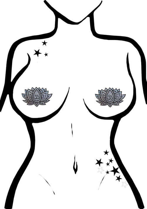 Pastease Glitter Ohm Lotus Nipple Pasties in Silver
