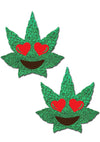 Pastease Indica Pot Leaf Glitter Heart Eyes Weed Nipple Pasties in Green