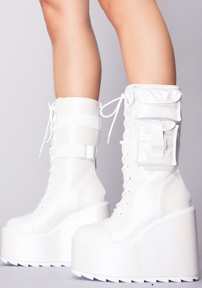 YRU Faux Fur Trim Quilted Platform Boots - White Patent