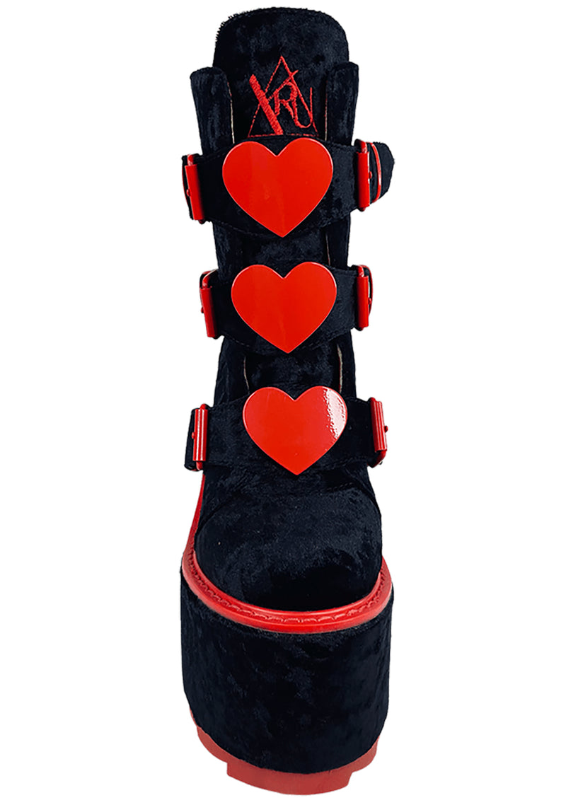 Dune Lo Heart Velvet Platform Boots in Black Red