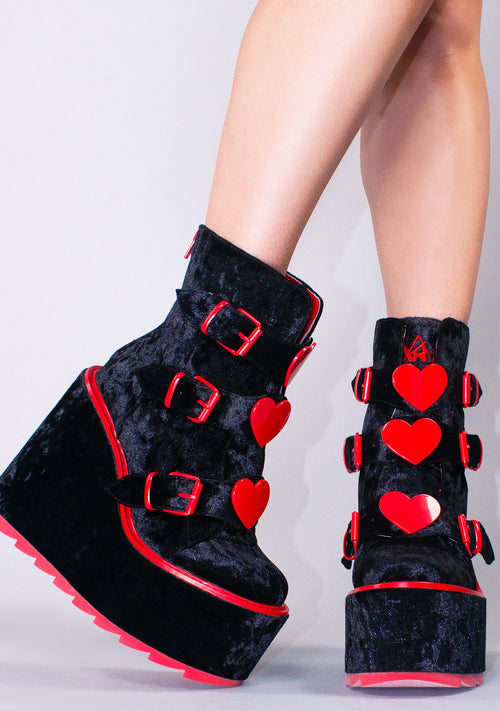 Dune Lo Heart Velvet Platform Boots in Black Red