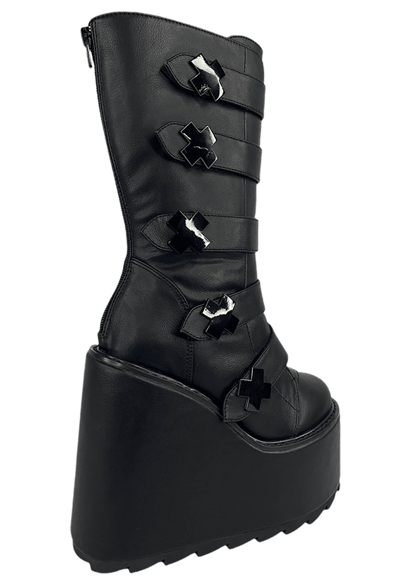 Dune Strapped X Platform Boots in Blackout