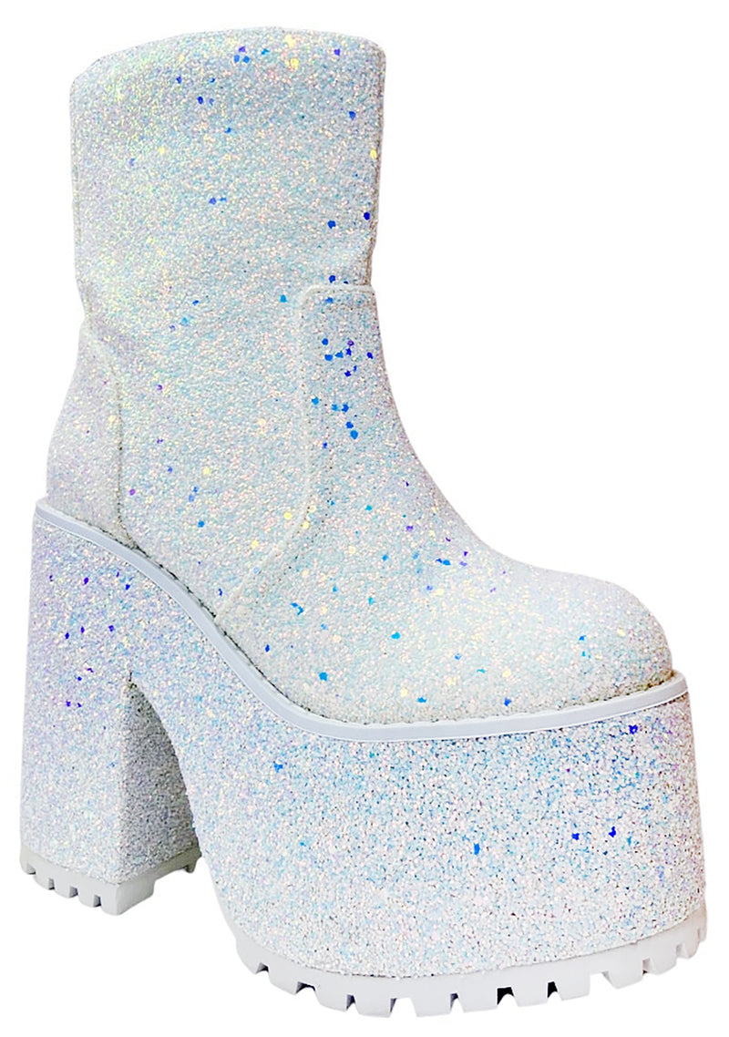 Krush Platform Boots in White Glitter