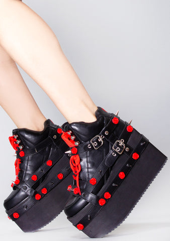 Qozmo Bondage Rose Platform Sneakers in Black Red 6