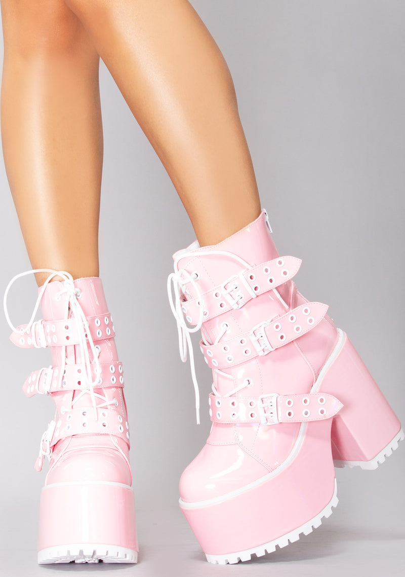 Y.R.U. | Shop Y.R.U. Smash Strapped Platform Boots in Pink 