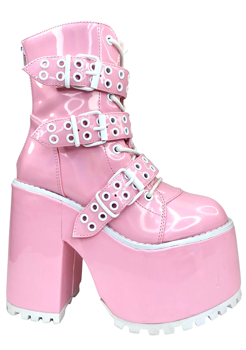 Smash Strapped Platform Boots in Pink Hologram/White