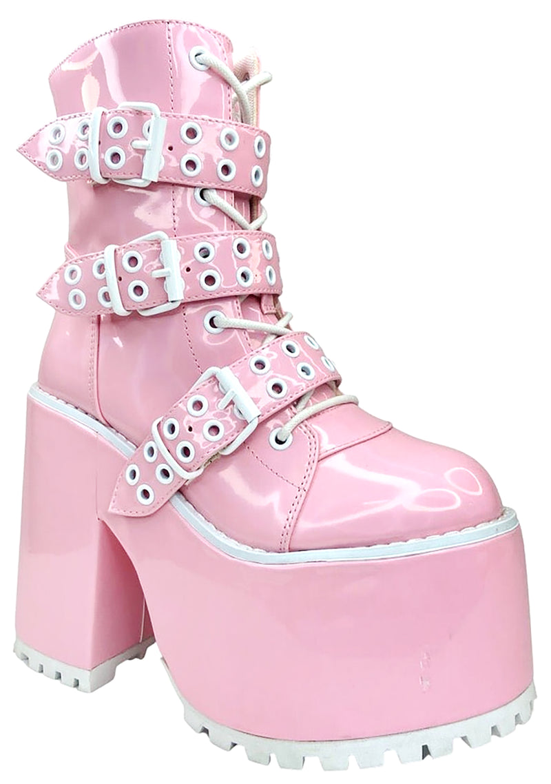 Smash Strapped Platform Boots in Pink Hologram/White