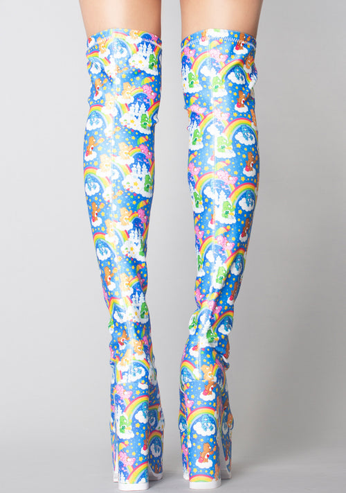X Care Bears Labyrinth Platform Thigh High Boots in Blue Sky