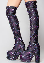 X Care Bears Labyrinth Platform Thigh High Boots in Cosmic Black