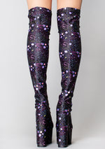 X Care Bears Labyrinth Platform Thigh High Boots in Cosmic Black