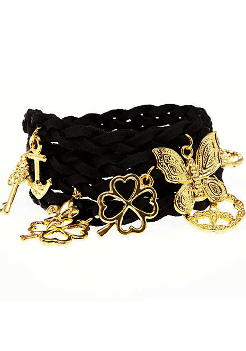 Timi Suede Wrap Charm Bracelet in Black/Gold